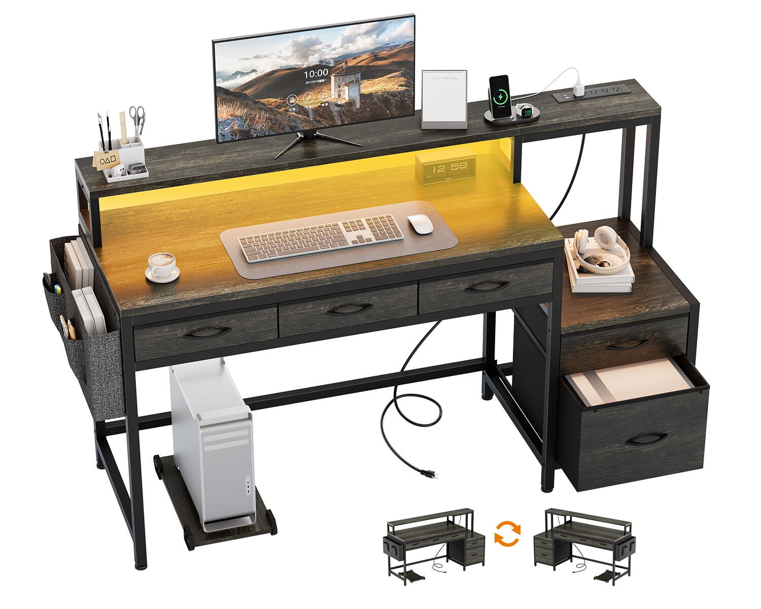 GUNAITO 60 inch Gaming Desk with 5 Fabric Drawers & Storage Shelves, Computer Desk with LED Lights & Charging Station,Gray