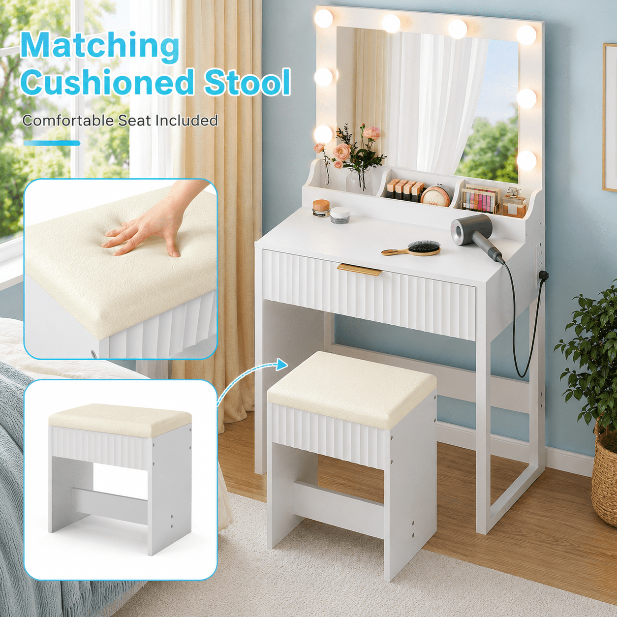 Ktaxon Flutted Makeup Vanity Table w/Stool, Dressing Desk with Charging Station, For Femal Gift, White