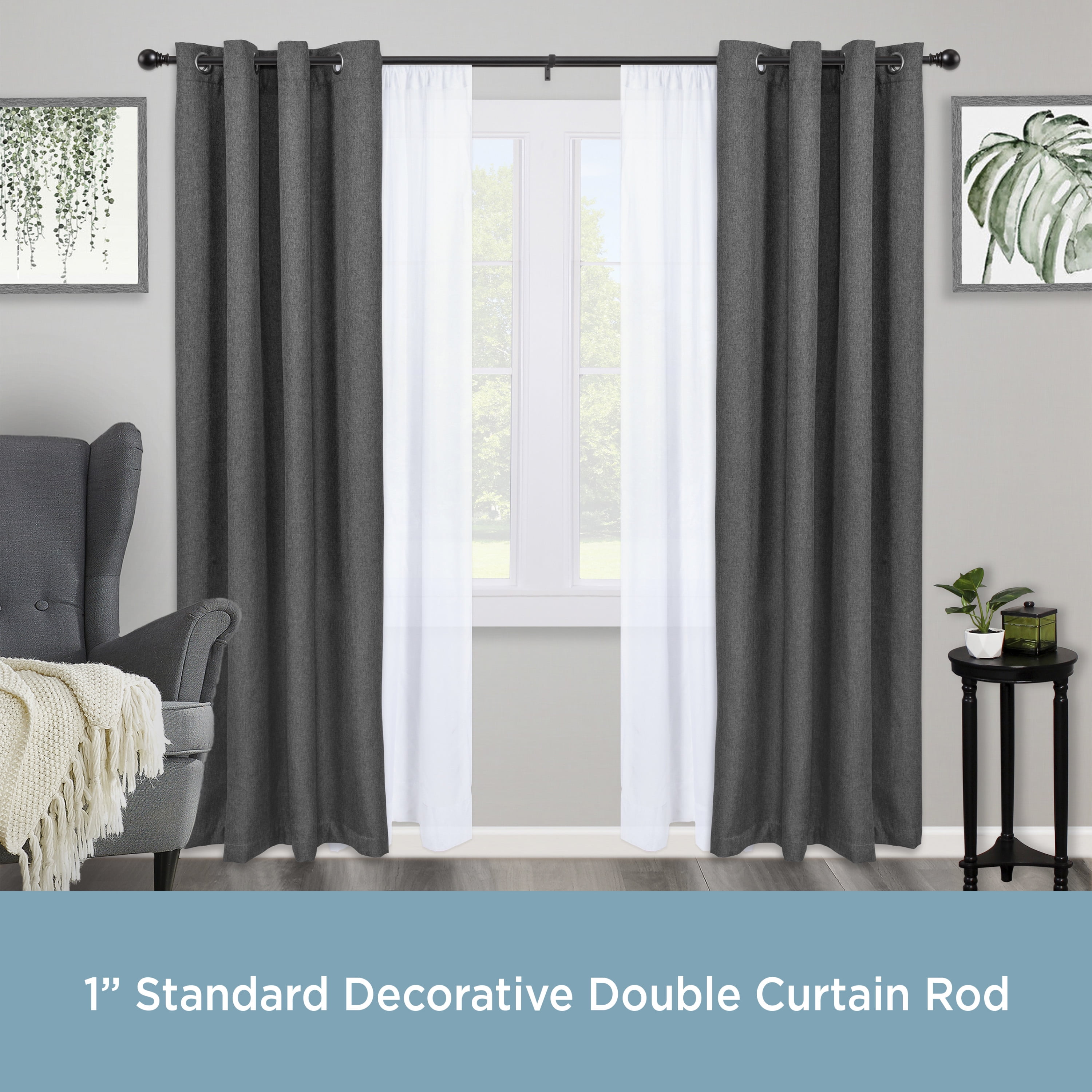 Kenney Layla 30-84" Value Decorative Steel Adjustable Double Curtain Rod, 1" Dia., Black