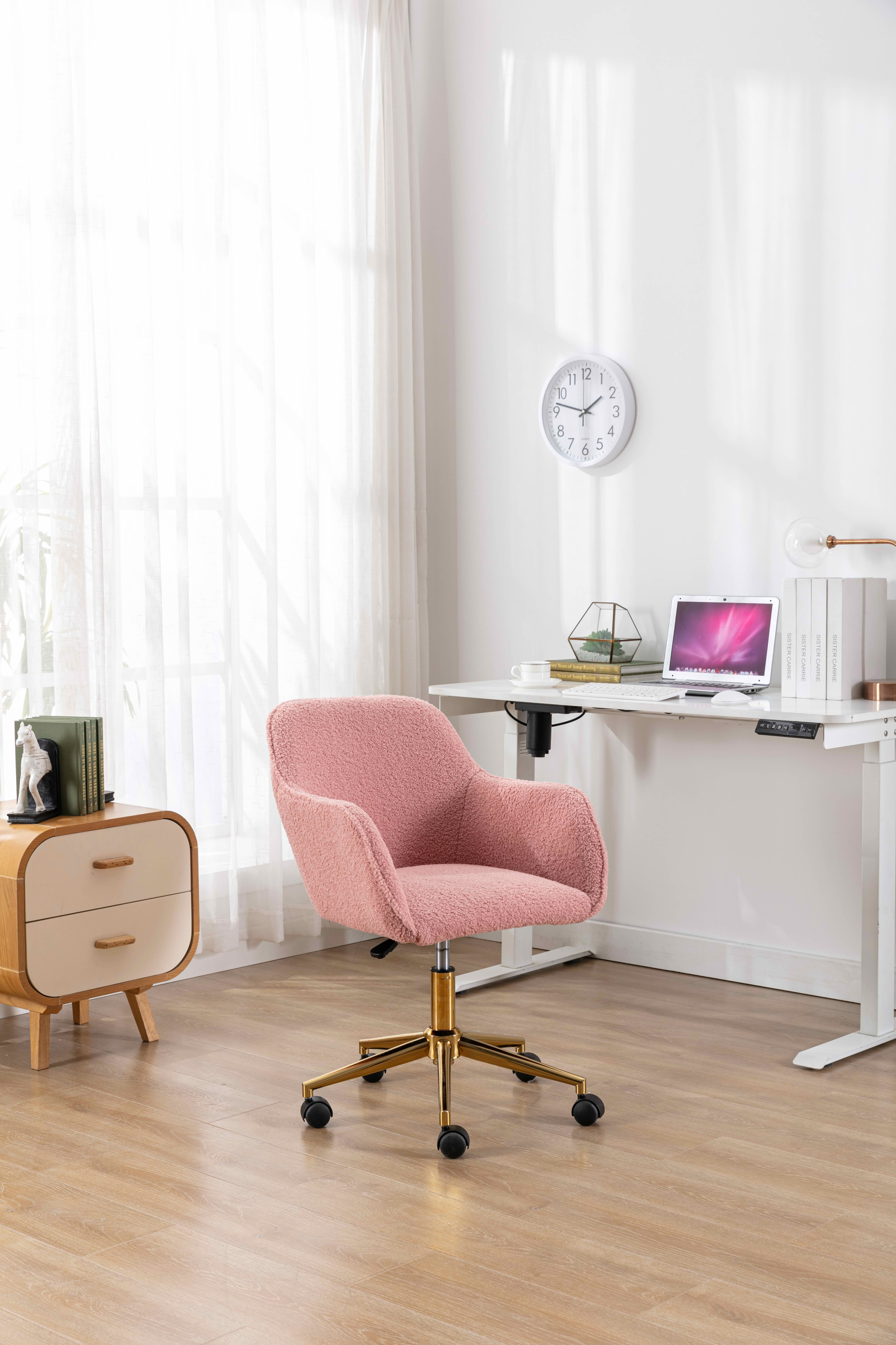 MAYEERTY Modern Teddy Fabric Office Chair, Adjustable Height 360° Revolving with Gold Metal Legs & Universal Wheels, for Indoor Home Office, Pink