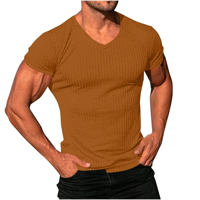 Kyusrd Hauts d'Été pour Hommes Chemise à la Mode pour Homme Couleur Unie Décontractée Ajustée Col en V Manches Courtes