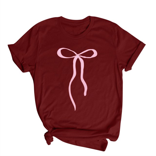 Amzcrzy Hauts pour Femmes Décontractés à Manches Courtes Amples Printemps Été Hauts Tendance avec Nœud Imprimé Hauts Confortables à Col Rond T-Shirts pour Femmes