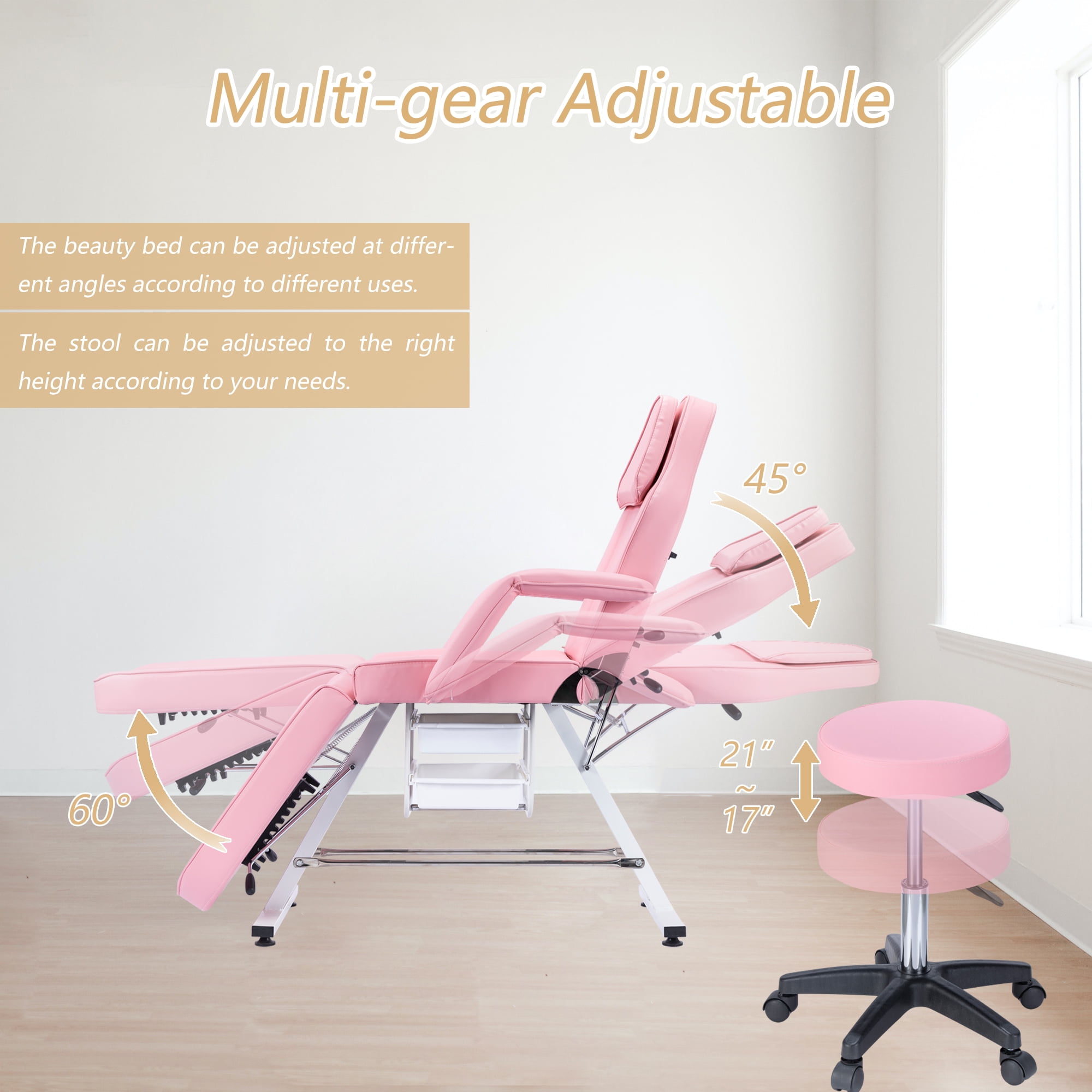 Thanaddo Tattoo Chair Massage Salon with Two Trays， Esthetician Bed with Hydraulic Stool,Multi-Purpose 3-Section Facial Bed Table, Adjustable Beauty Barber Spa Beauty Equipment Pink