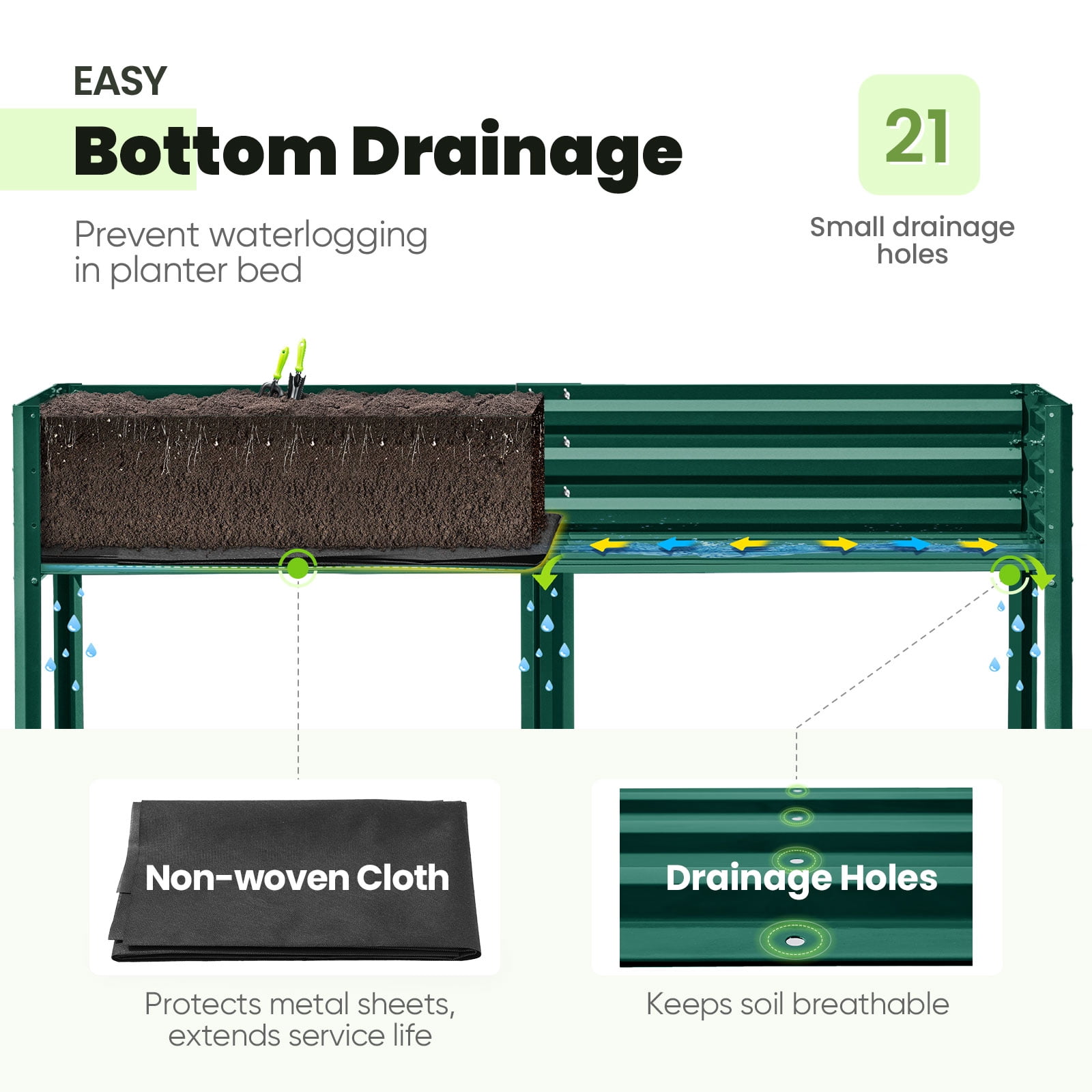 KING BIRD Raised Garden Bed with Legs Galvanized Large Elevated Planter Box for Backyard, Patio, Balcony, 600lb Capacity, Green 70.9x22.8x31.5 in