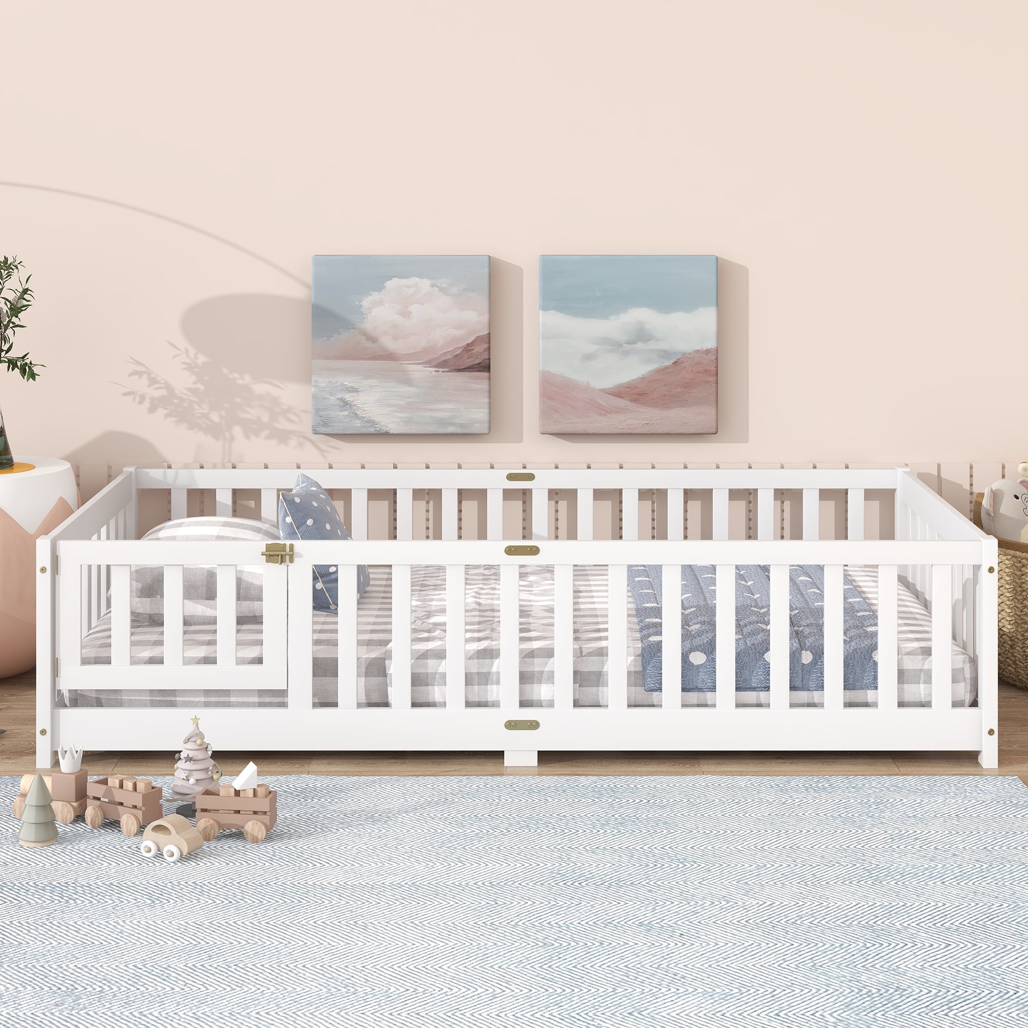 Twin Size Floor Bed with Fence and Door,Rubber Wood Floor Bed with Safety Guardrails,White