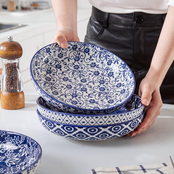 4-Piece 8.5 Inch 32 Oz Floral Ceramic Pasta Bowls - Dishwasher & Microwave Safe