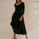 thumbnail image 1 of Vestido de manga larga para mujer color sólido cuello cuadrado ajuste holgado traje de vacaciones informal, 1 of 6