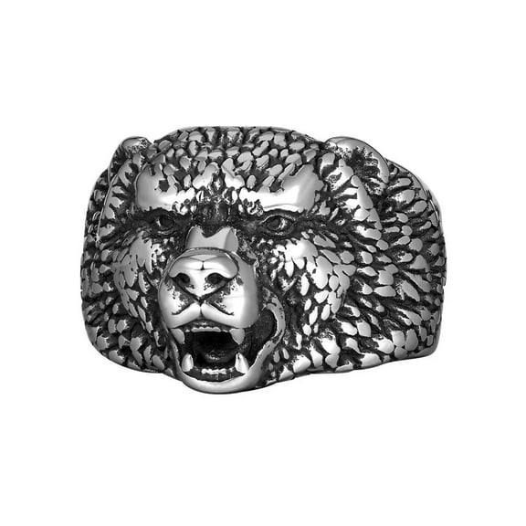 PAMTIER Men's Stainless Steel Vintage Domineering Rock Tribal Animal Wolf Biker Ring Personality Roaring Gothic Punk Statement Band Silver Size 7