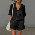thumbnail image 2 of Ecqkame Two Piece Sets for Women Linen Front Tie V Neck Short Sleeve Tops and Elastic Pockets Shorts Casual Summer Lightweight Outfit Set Black XXXL, 2 of 9