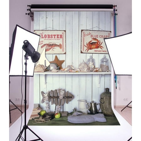Image of GreenDecor 5x7ft Photography Backdrop Interior Lobster Frame Fish Cups Whitewashed Stripes Wood Plank Decoration Wallpaper Photo Background Children Baby Adults Portraits Backdrop
