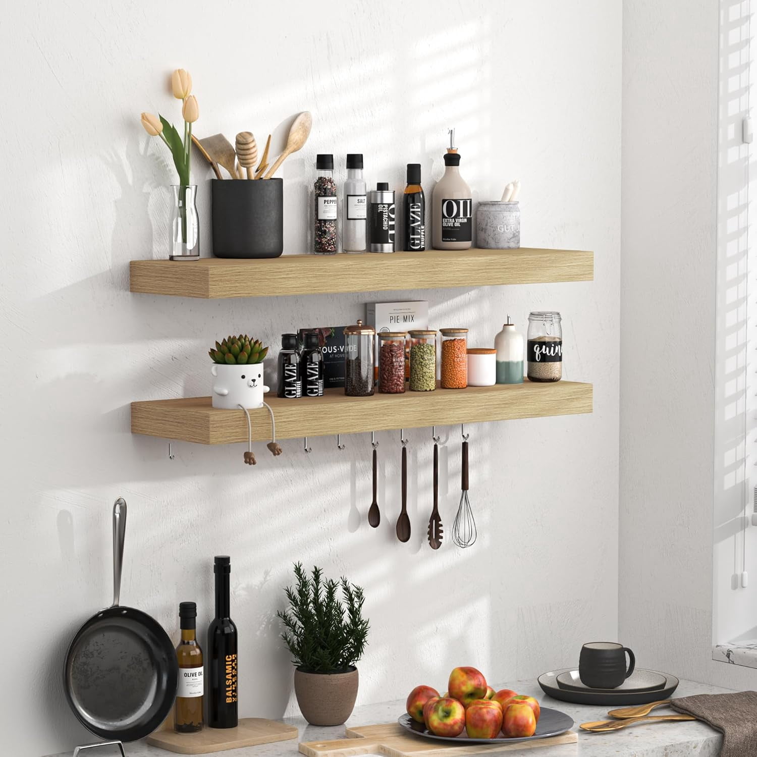 Memories Floating Shelves - 24 Inch Rustic Wooden Wall Shelves - Extra Deeper & Thicker Wall Mounted Storage Shelf for Living Room, Kitchen, Farmhouse - 24" x 9" x 1.6" 2Pack, Oak