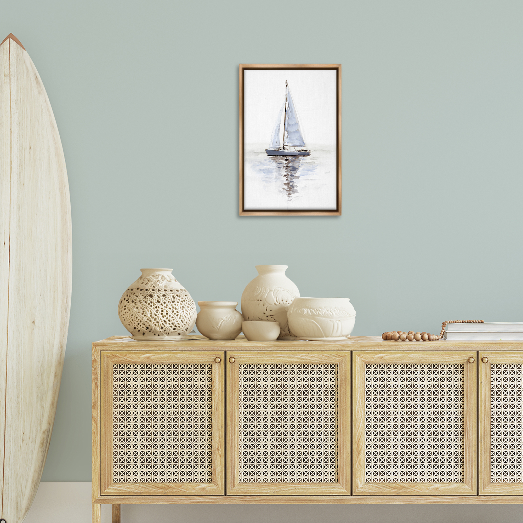 Stupell Industries Minimal Sailboat Reflection Transportation Painting Brown Floater Framed Canvas Art Print Wall Art, 17 x 25