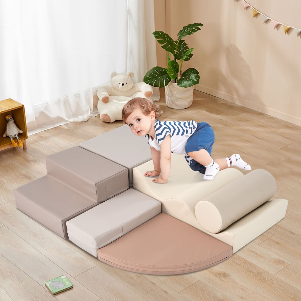 6 in 1 Soft Climb and Crawl Foam Playset for Baby, Toddler Indoor Play Equipment with Ramp, Steps, Wave Mat, Cylinder, EPE Foam,Warm Gray