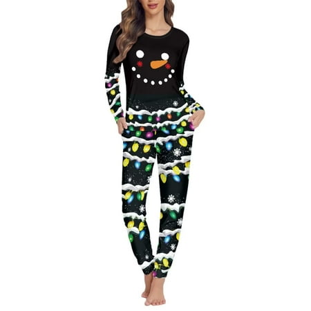 

FKELYI Cartoon Snowman Long Sleeve Pjs Size XS Casual Christmas Lights Winter Pajamas for Women Loose Women Sleepwear Pajama Set of 2