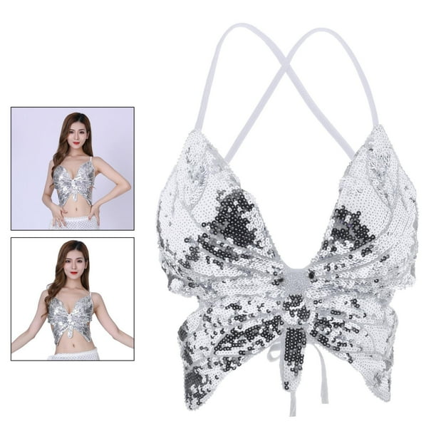 Sujetador de Danza del Vientre Colcomx para Mujer con Lentejuelas Plata