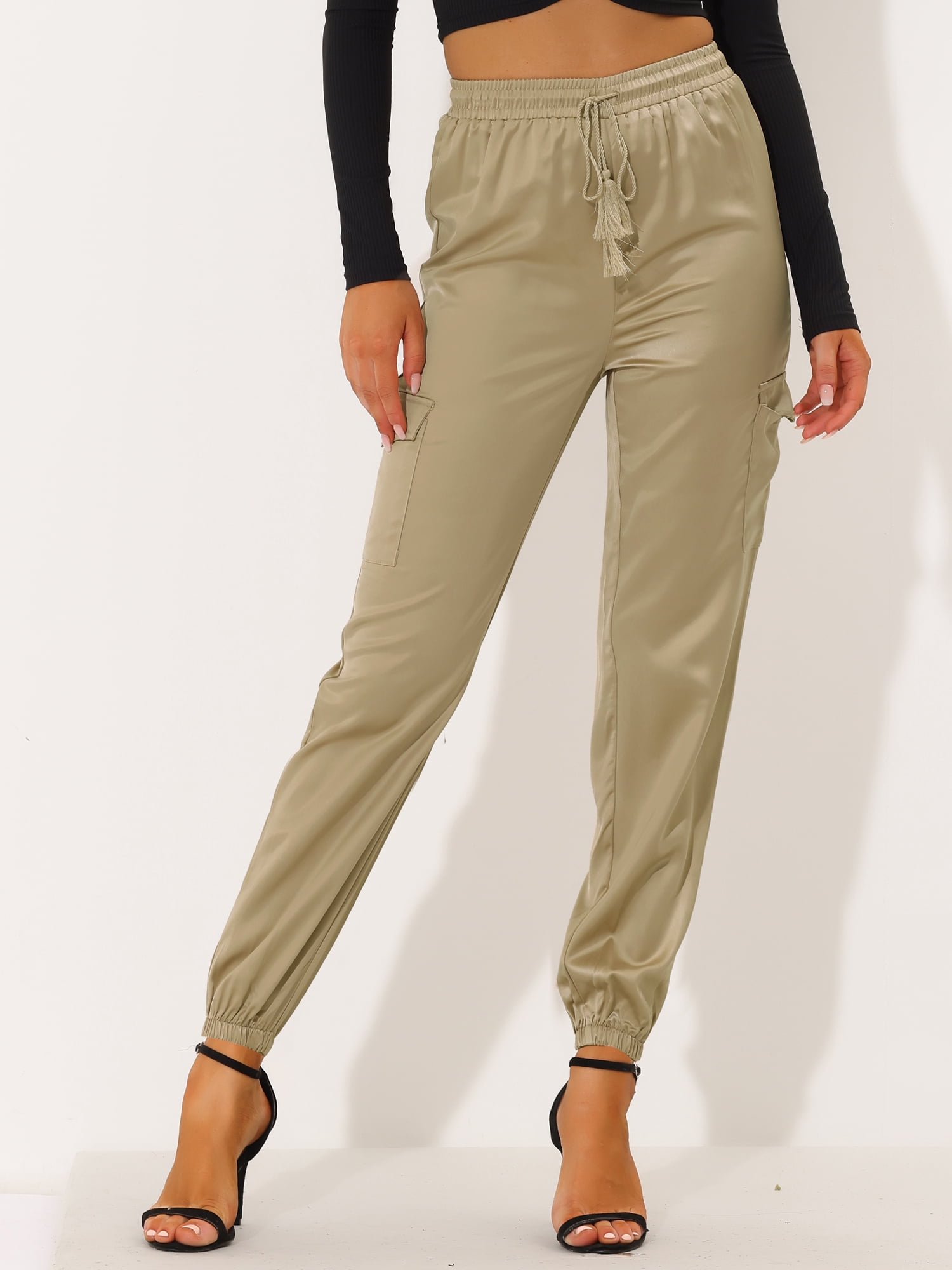 DARING DIVA Women's Drawstring Elastic High Waist Satin Cargo Pants XS Khaki