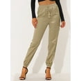 thumbnail image 2 of Pantalones cargo de satén sedoso de tiro alto elástico con cordón para mujer Caqui XL, 2 of 6