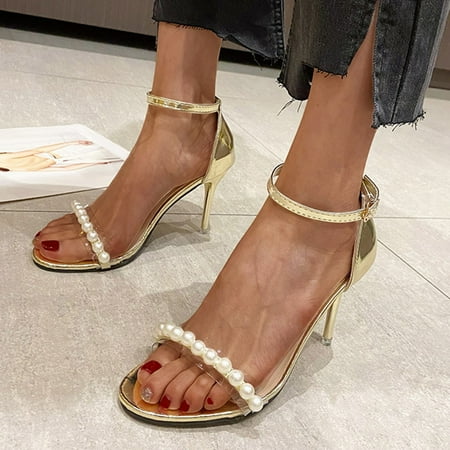 

Sandals Fashion Spring And Summer Women Sandals Pearl Buckle High Heel Solid Color Casual Shoes