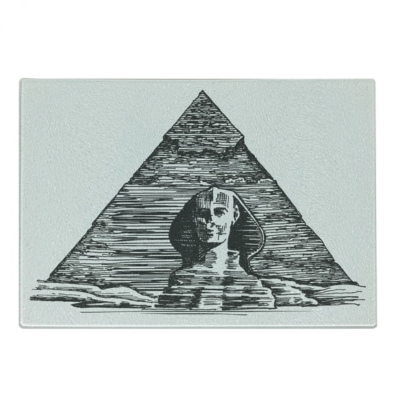 Egyptian Print Cutting Board, Sketch Art of Sphinx and the Pyramid Old Empire Historical, Decorative Tempered Glass Cutting and Serving Board, Small Size, Charcoal Grey White, by Ambesonne