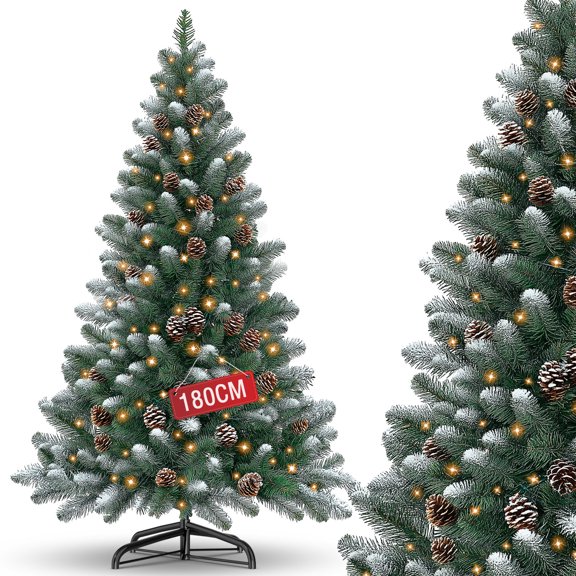 SOONTRANS 6ft Green Prelit Artificial Christmas Tree with 28 Pinecones, 250 Warm Lights, 500 Snowy Branch Tips, Foldable Metal Stand & Sturdy Hinges, Fake Xmas Pine Trees for Holiday Party Decoration