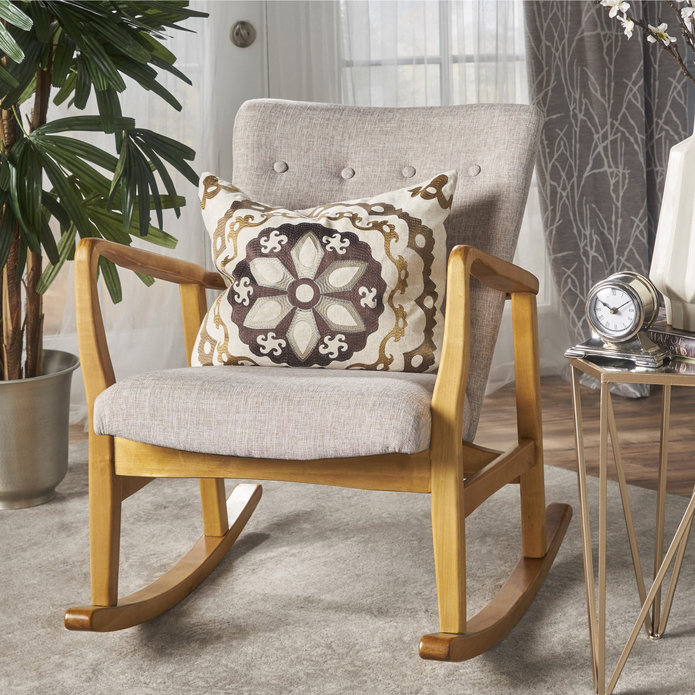 Grey/Light Walnut Textile Christopher Knight Home Mid Century Fabric Rocking Chair