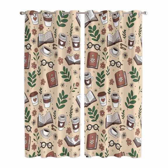 Tan Coffee Kitchen Curtains Window Panels, Vintage Latte Cafe Books Leaves Flowers Theme Insulated Window Treatment Curtain, Grommet Curtains for Bedroom/Living Room/Bathroom, 2 Piece 42"Wx84"L