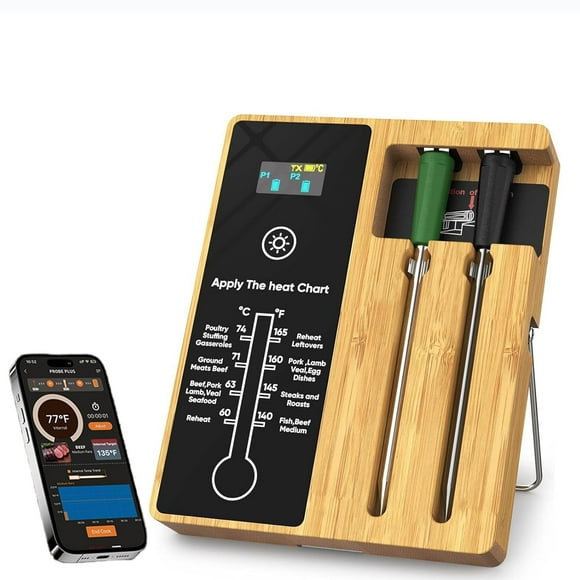 Meat Thermometer Wireless with 2 Probe,400Ft Long Range Meat Thermometer, Bluetooth Meat Thermometer with Digital Display Screen, Smart Meat Thermometer for BBQ, Oven, Rotisserie Meat 2 Plus