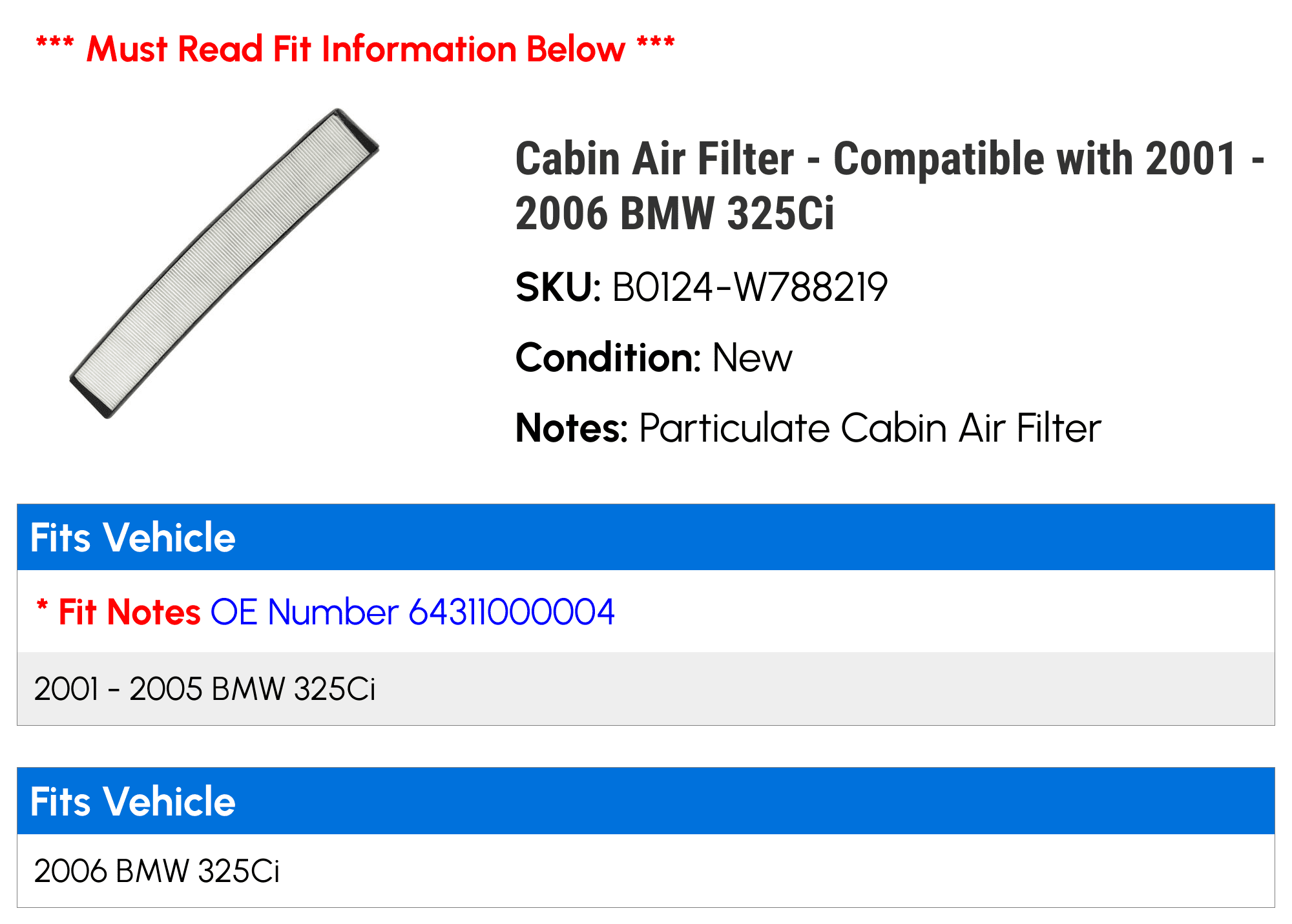 Cabin Air Filter - Compatible with 2001 - 2006 BMW 325Ci 2002 2003 2004 2005