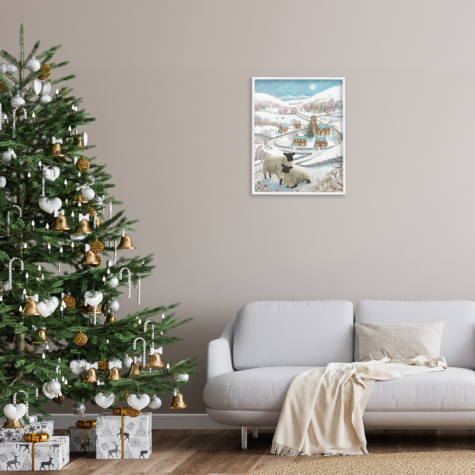 Stupell Industries Sheep on Wintery Hill Animals & Insects Painting White Framed Art Print Wall Art, 24 x 30