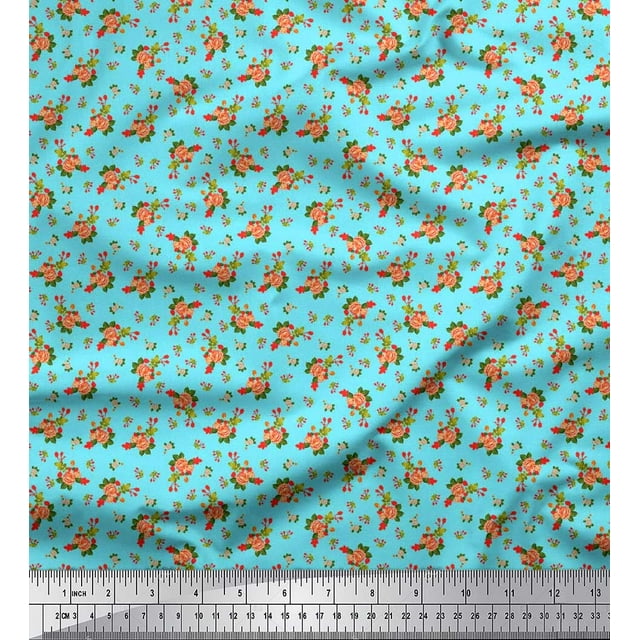 Soimoi Polyester Crepe Fabric Leaves, & Rose Floral Printed Fabric 1 Yard 52 Inch Wide