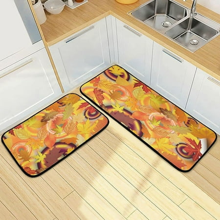 

SKYSONIC Autumn Maple Leaves Kitchen Rugs 2 Pieces Orange Bright Circle Floor Mat Room Area Rug Washable Carpet Perfect for Living Room Bedroom Entryway
