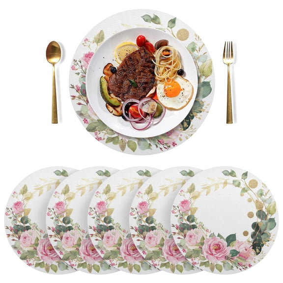 15 Inch Round Grid Plate Mats Heat Non-Slip Resistant PVC Placemats for Kitchen Dining Table Decor Pink Roses and Greenery Wreath 1PCS