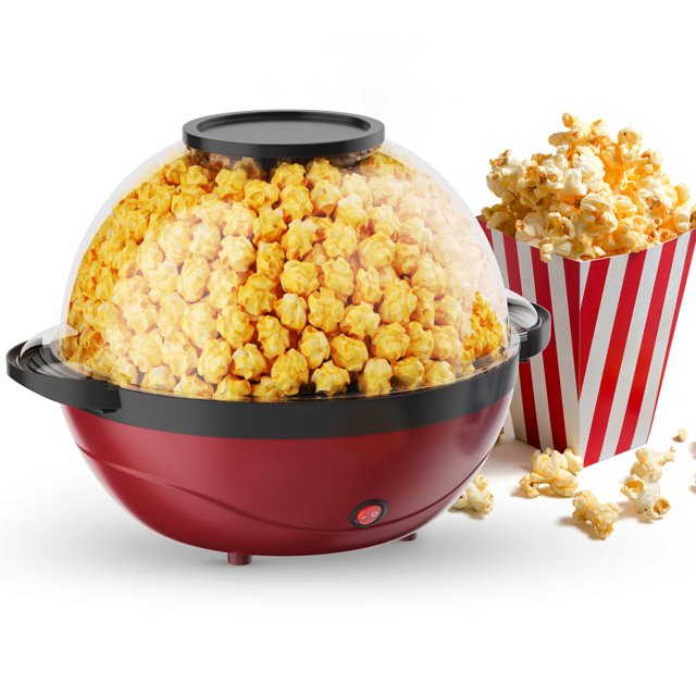 Electric Popcorn Machine, Home Use 6 Quart/24 Cup Stirring Popcorn Maker with Vented Serving Lid, Non-Sticking Coating, Stainless Steel Rod, Side Handle, Countertop Popcorn Popper for Movie, Red