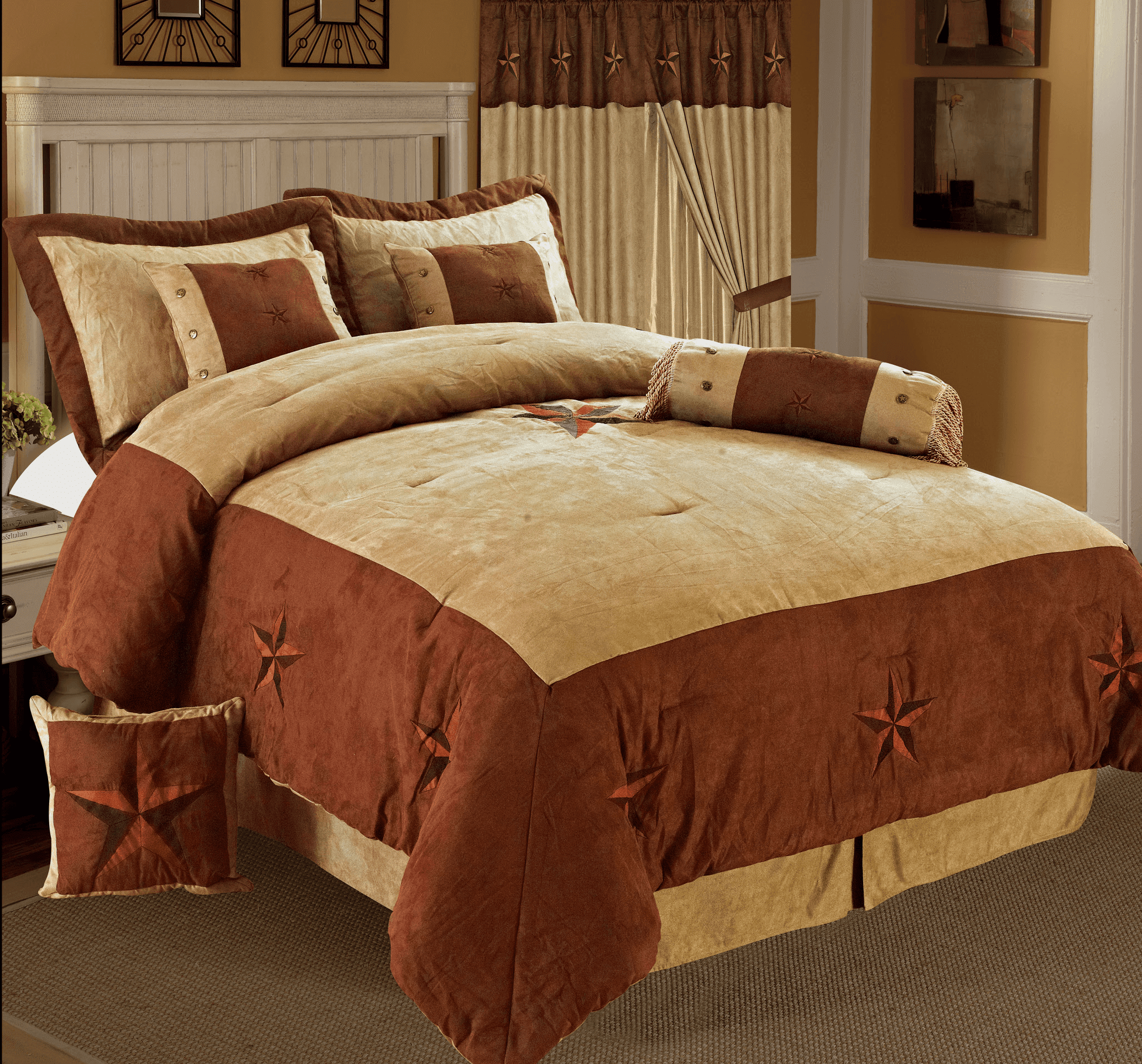 7-Piece Teal Brown Western Lodge MicroSuede Pleated Striped Comforter Set 