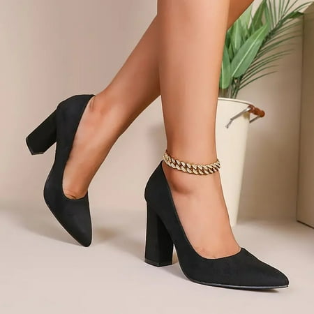 

WNG Black Court Shoes for Women Point Toe Suede Heeled