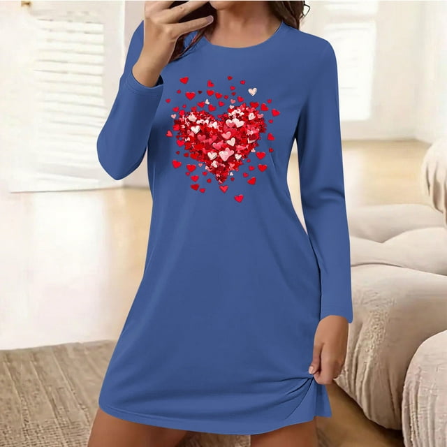 Camisón corto holgado y cómodo con cuello redondo y manga larga estampado para mujer