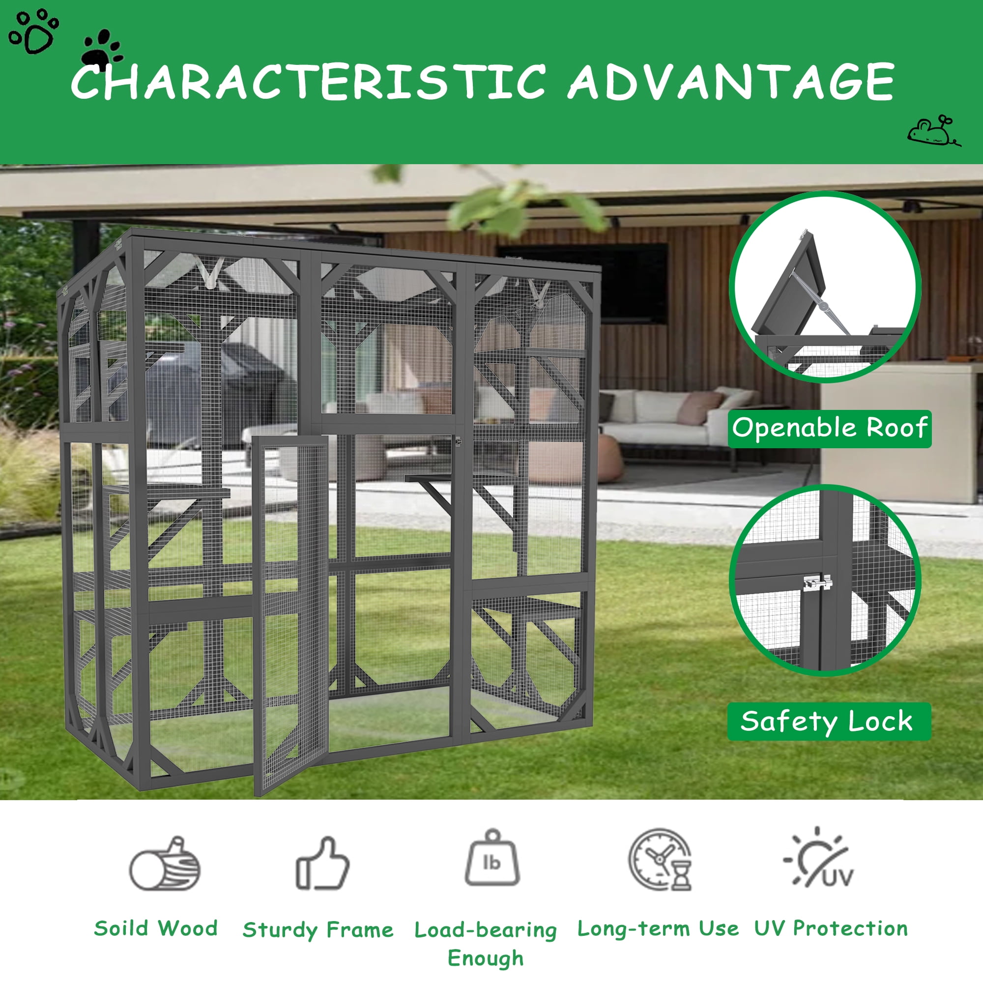 Catio Outdoor Cat Enclosure Cat House Wooden Cat Cage Large Feral Cat Shelter for Mulitiple Cats with Six Platforms, Large Enter Door, Waterproof Roof 60" Grey