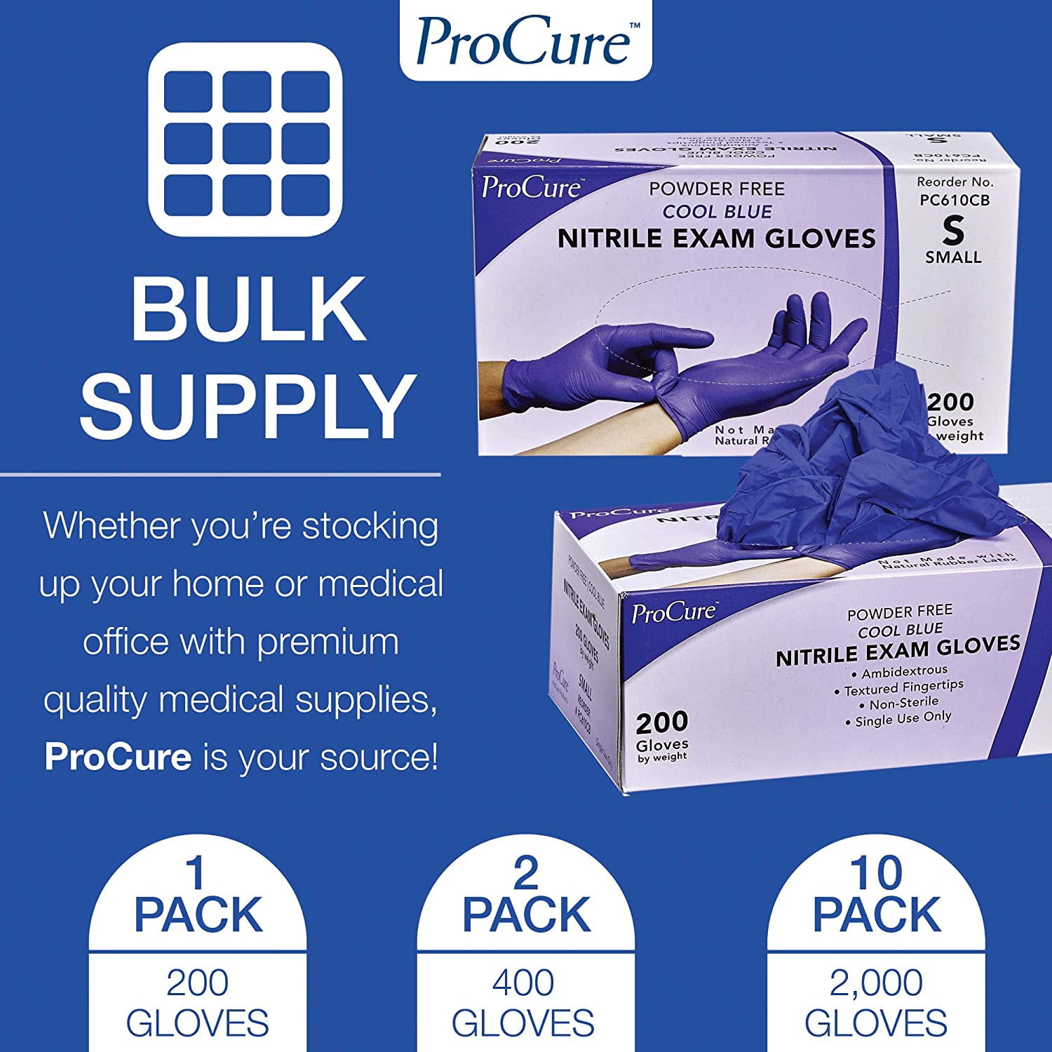 ProCure Disposable Nitrile Gloves - 400 Count, Medium - Powder Free, Rubber Latex Free, Medical Exam Grade, Non Sterile, Ambidextrous - Soft with Textured Tips - Cool Blue