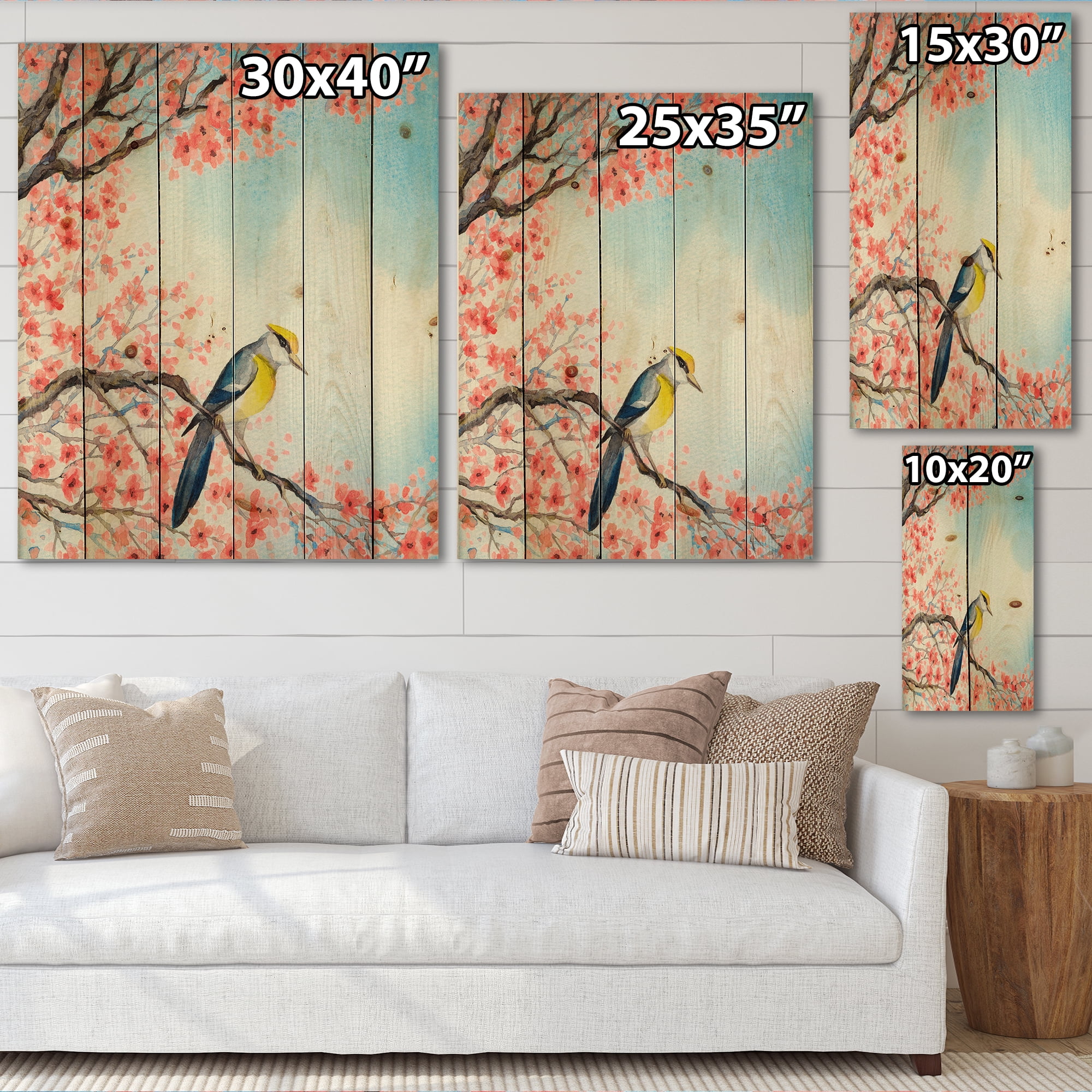Designart 'Beautiful Red Bird Sitting On Flowering Branch I' Traditional Print on Natural Pine Wood