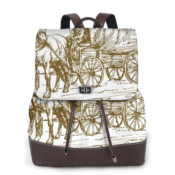 Easygdp Western Scenery With Old Wagon Mochila de Cuero para Mujeres, Bolso de Hombro, Bolsos de Mano de Moda para Trabajo y Viajes