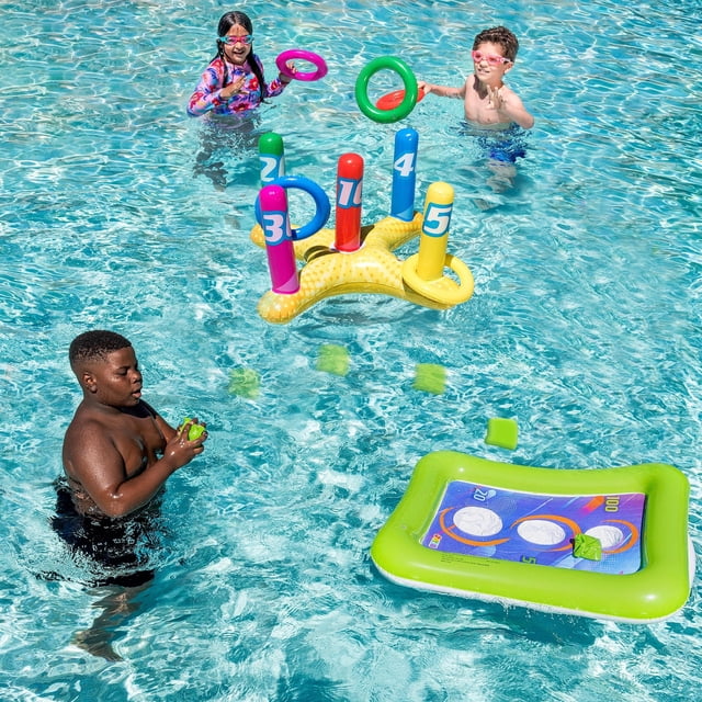 juegos de juguetes inflables para piscina con lanzamiento de aros, incluye juego de lanzamiento de aros y maíz y bomba de aire, juegos de piscina flotantes para niños y adultos multijugador