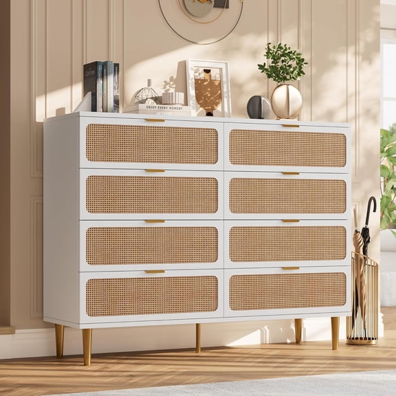 Senfot White 8-Drawer Rattan Dresser, Tall Storage Cabinet with Wide Top – Modern Chest for Bedroom, Living Room & Hallway