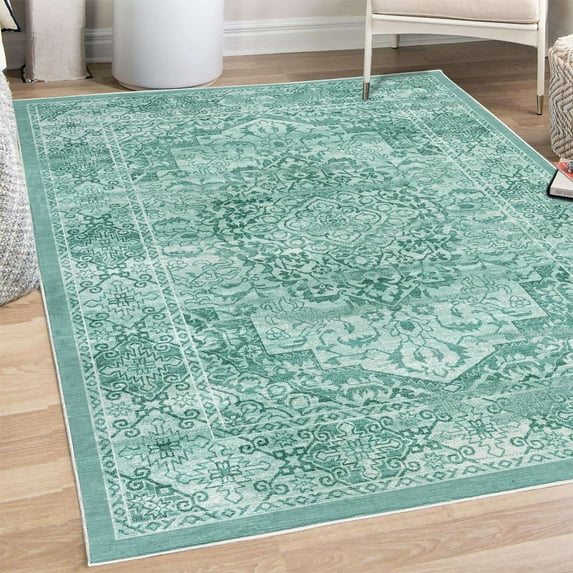 Victorian Decorative Rug, Floral Swirls Weathered Look Old Blooming Vintage Style Leaves Illustration, Quality Carpet for Bedroom Dorm and Living Room, 6 Sizes, Seafoam and Teal, by Ambesonne