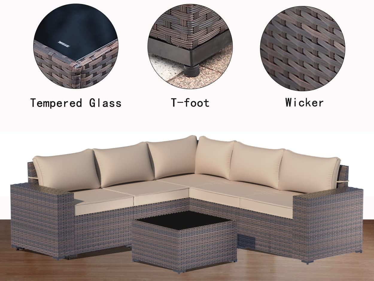 Kullavik 6 Pieces Patio Furniture Sets All Weather Outdoor Sectional Sofa Manual Weaving Wicker Rattan Patio Conversation Set with Cushion and Glass Table (Sand)
