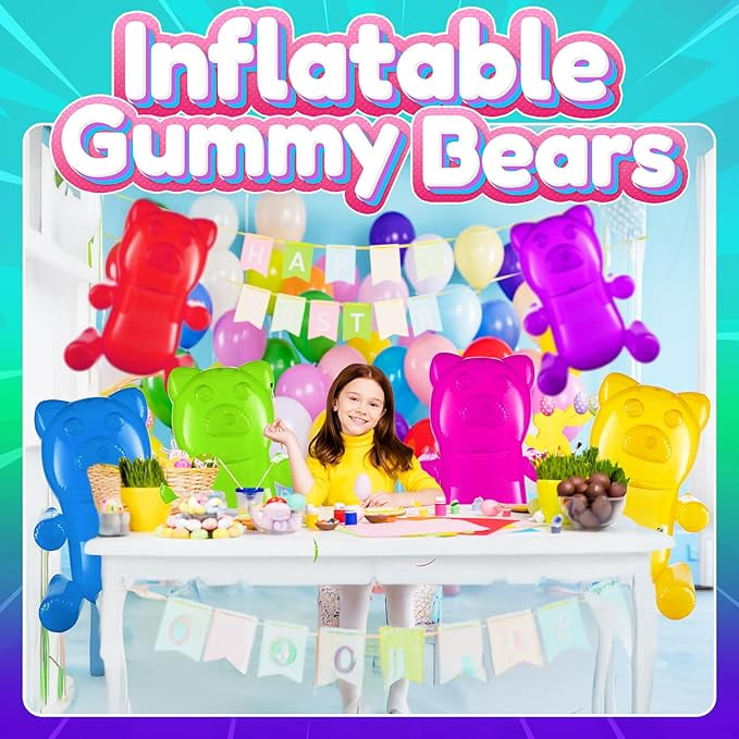 Rykon Inflatable Gummy Bears, Pack of 6, 24-Inch Big Blow Up Pool Toys, Candy Land Theme Decorations, Birthday Party Supplies & Photo Booth Props