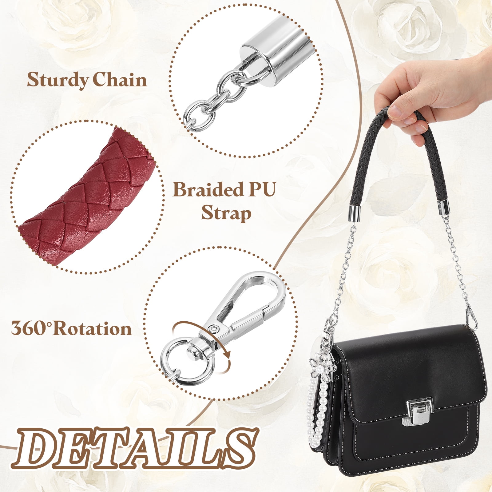 Uxcell 2 Pcs PU Leather Chain Purse Strap, 23.6 Inch Braided Purse Handles Replacement Strap with Pearl Pendant for Tote Bag Handbag Underarm Bag (Wine Red, Silver Chain)