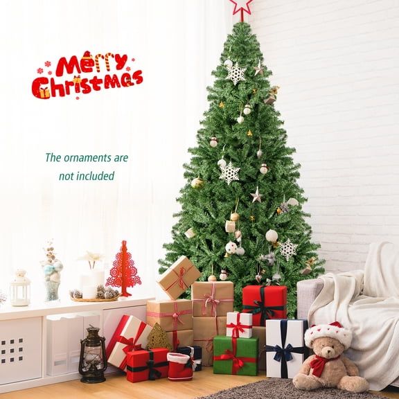 Gymax 9 ft Unlit Artificial Christmas Tree Hinged Spruce Xmas Tree w/ Metal Stand