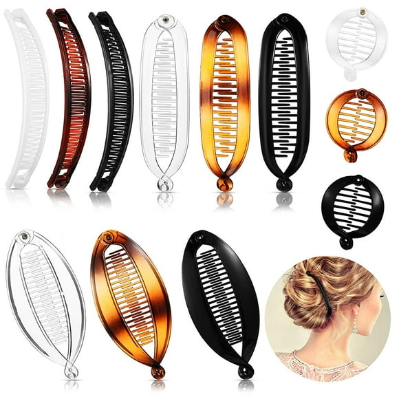 12 Pieces Banana Hair Clips Classic Clincher Combs Large Double Comb Banana Clip Fishtail Hair Clip Banana Ponytail Holder Clip for Women Girls, 4 Styles