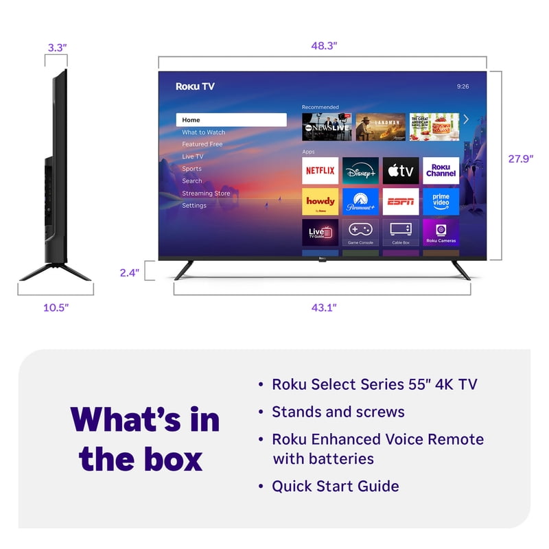 Roku Smart TV 55-Inch Select Series, 4K HDR TV Roku TV with Enhanced Voice Remote gallery view
