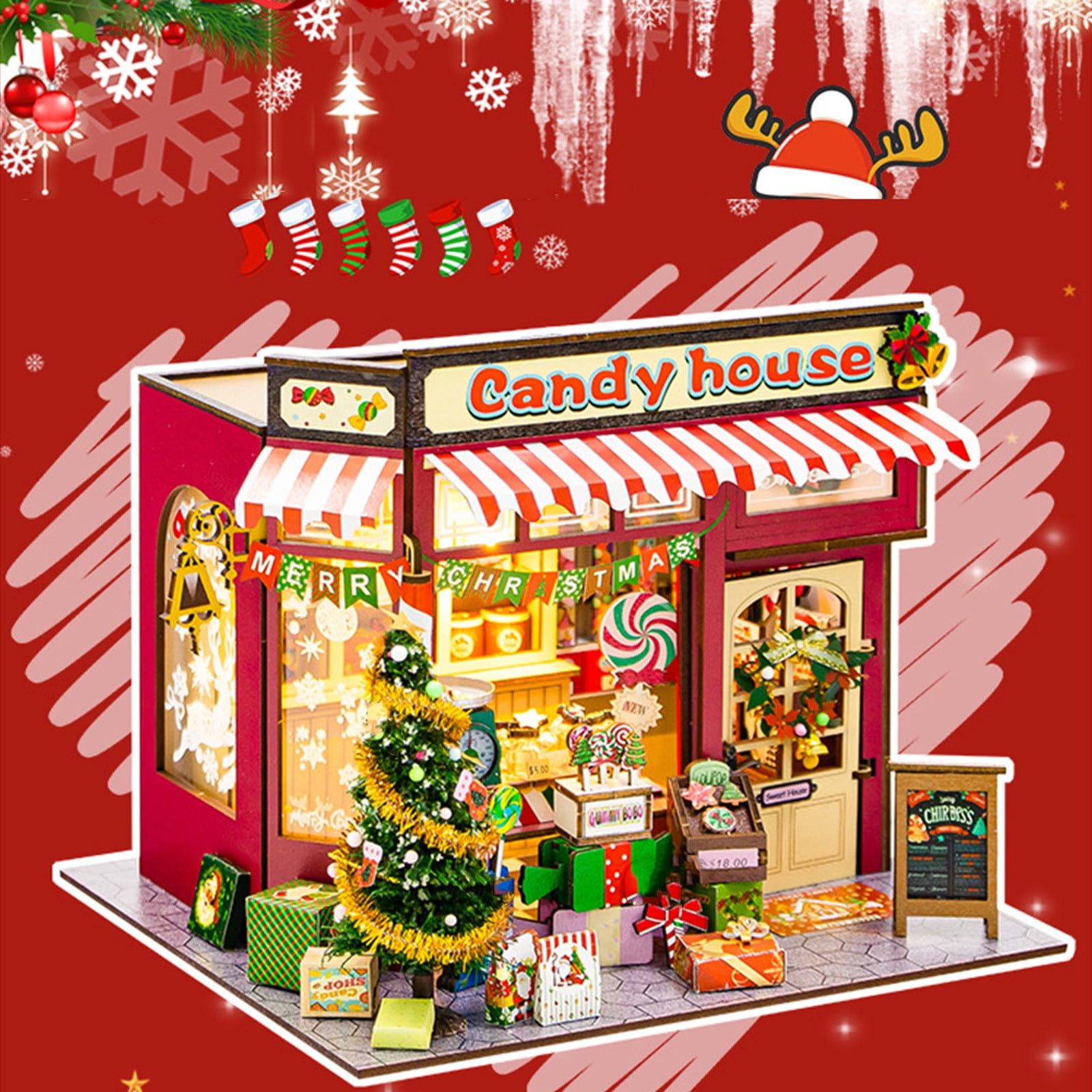 DIY Miniature House Kit,Christmas Candy Stand Xmas Holiday Village